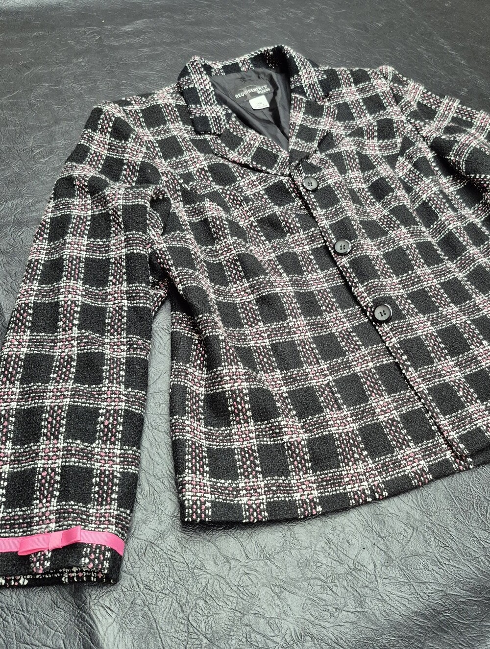 Black And Pink Tweed Blazer With Bow